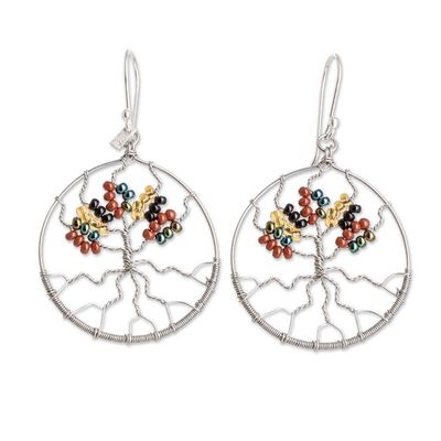 Alternate image for Crystal and Glass Beaded Tree of Life Themed Dangle Earrings Silver Tree