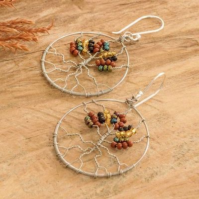 Alternate image for Crystal and Glass Beaded Tree of Life Themed Dangle Earrings Silver Tree