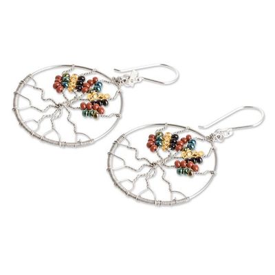 Alternate image for Crystal and Glass Beaded Tree of Life Themed Dangle Earrings Silver Tree
