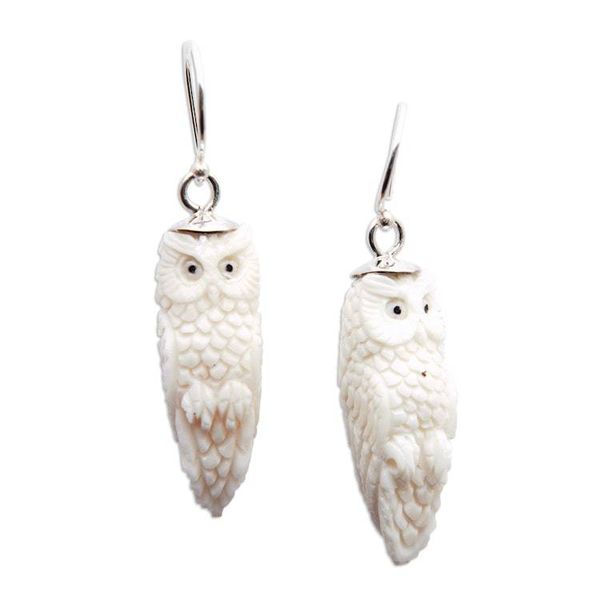 Alternate image for Hand-Carved Owl Dangle Earrings with Silver Hooks from Bali Angelical Owl