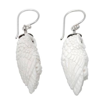 Alternate image for Hand-Carved Owl Dangle Earrings with Silver Hooks from Bali Angelical Owl