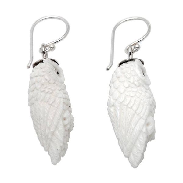 Alternate image for Hand-Carved Owl Dangle Earrings with Silver Hooks from Bali Angelical Owl