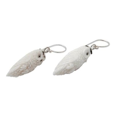 Alternate image for Hand-Carved Owl Dangle Earrings with Silver Hooks from Bali Angelical Owl