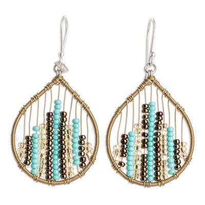 Alternate image for Glass Beaded Dangle Earrings in Aqua and Golden Aqua Contrasts