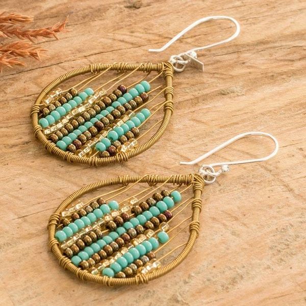 Alternate image for Glass Beaded Dangle Earrings in Aqua and Golden Aqua Contrasts