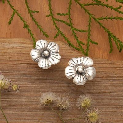Alternate image for Polished Floral Sterling Silver Hibiscus Button Earrings Tiny Spring