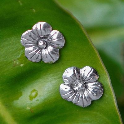 Alternate image for Polished Floral Sterling Silver Hibiscus Button Earrings Tiny Spring