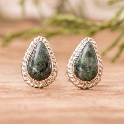 Alternate image for Teardrop-Shaped Dark Green Jade Silver Stud Earrings Dark Green Teardrop Abundance