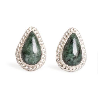 Alternate image for Teardrop-Shaped Dark Green Jade Silver Stud Earrings Dark Green Teardrop Abundance