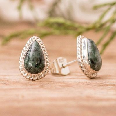 Alternate image for Teardrop-Shaped Dark Green Jade Silver Stud Earrings Dark Green Teardrop Abundance