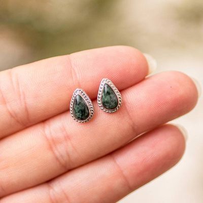 Alternate image for Teardrop-Shaped Dark Green Jade Silver Stud Earrings Dark Green Teardrop Abundance
