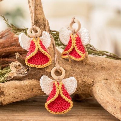 Primary image for Set of 3 Handcrafted Red Cotton and Wood Angel Ornaments Lovely Creation