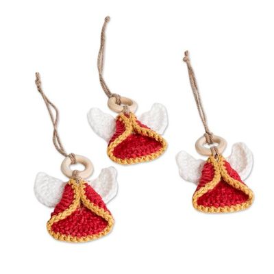 Alternate image for Set of 3 Handcrafted Red Cotton and Wood Angel Ornaments Lovely Creation