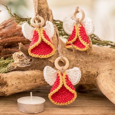 Alternate image for Set of 3 Handcrafted Red Cotton and Wood Angel Ornaments Lovely Creation