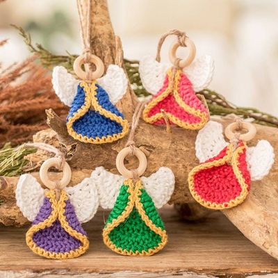 Primary image for Set of 5 Handmade Colorful Cotton and Wood Angel Ornaments Great Hope