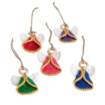 Alternate image for Set of 5 Handmade Colorful Cotton and Wood Angel Ornaments Great Hope