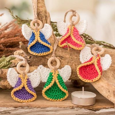 Alternate image for Set of 5 Handmade Colorful Cotton and Wood Angel Ornaments Great Hope