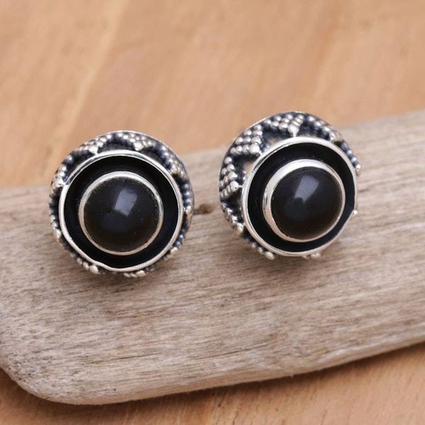 Alternate image for Geometric Sterling Silver Button Earrings with Onyx Stones Echoes of Protection