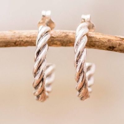 Alternate image for Sterling Silver Half-Hoop Earrings with Torsade Rope Design Radiant Ropes