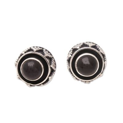 Alternate image for Geometric Sterling Silver Button Earrings with Onyx Stones Echoes of Protection