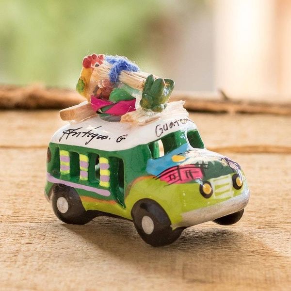 Alternate image for Min Ceramic Bus Figurine in Greens from Guatemala Two Tone Green Old Time Bus