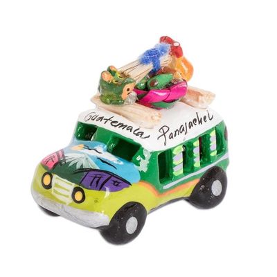 Alternate image for Min Ceramic Bus Figurine in Greens from Guatemala Two Tone Green Old Time Bus