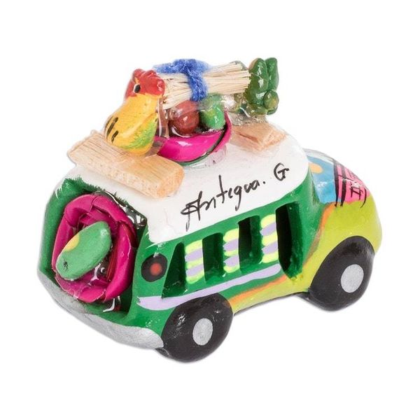 Alternate image for Min Ceramic Bus Figurine in Greens from Guatemala Two Tone Green Old Time Bus