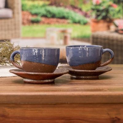 Primary image for Blue and Brown Ceramic Cups and Saucers Pair Earthy Appeal