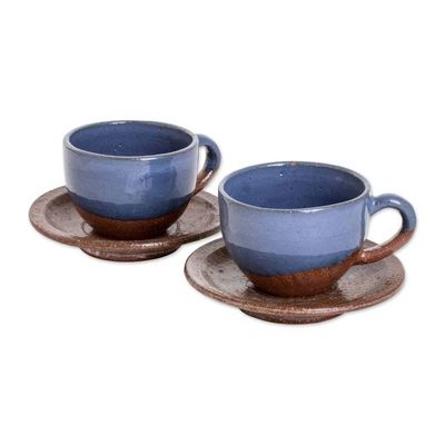 Alternate image for Blue and Brown Ceramic Cups and Saucers Pair Earthy Appeal