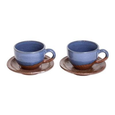 Alternate image for Blue and Brown Ceramic Cups and Saucers Pair Earthy Appeal