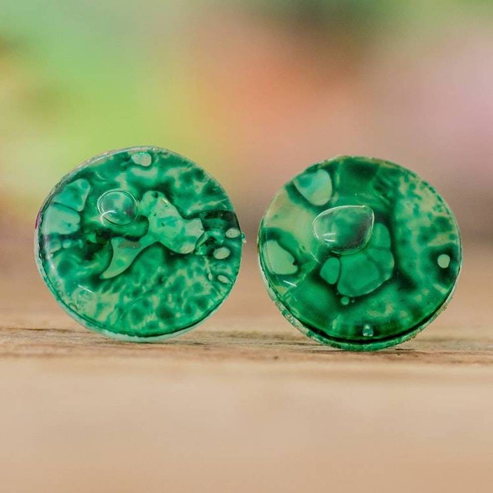 Handmade Green Recycled CD Stud Earrings with Silver Posts 'Green Translucent Illusion'