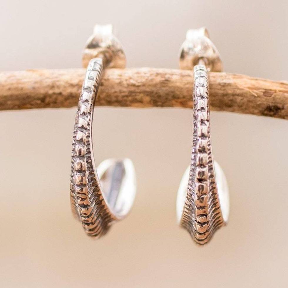 Sterling Silver Half-Hoop Earrings with Textured Finish 'Subtle Splendor'