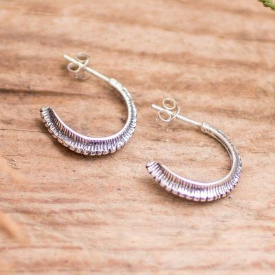 Alternate image for Sterling Silver Half-Hoop Earrings with Textured Finish Subtle Splendor
