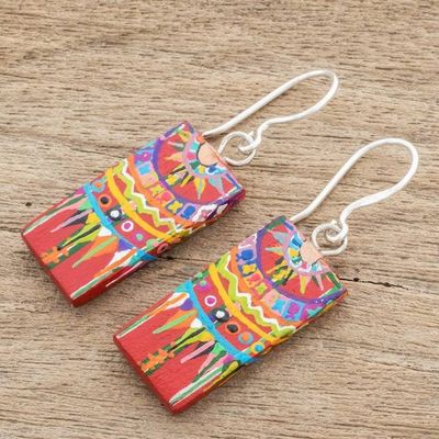 Alternate image for Hand-Painted Cedar Wood Dangle Earrings from Guatemala Patzun Marvels