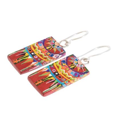 Alternate image for Hand-Painted Cedar Wood Dangle Earrings from Guatemala Patzun Marvels