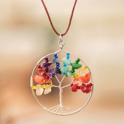 Alternate image for Tree-Themed Round Multi-Gemstone Pendant Necklace Rainbow World