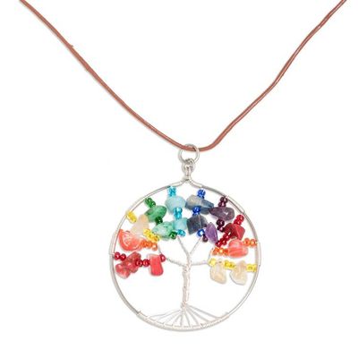 Alternate image for Tree-Themed Round Multi-Gemstone Pendant Necklace Rainbow World