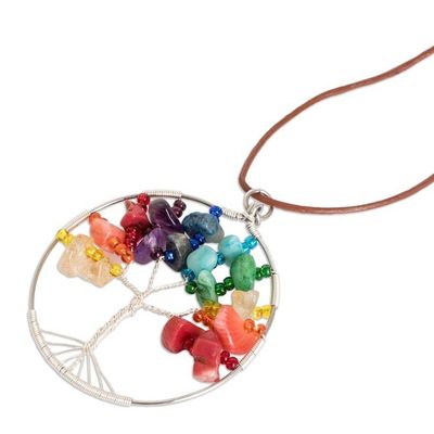 Alternate image for Tree-Themed Round Multi-Gemstone Pendant Necklace Rainbow World