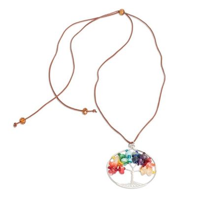 Alternate image for Tree-Themed Round Multi-Gemstone Pendant Necklace Rainbow World