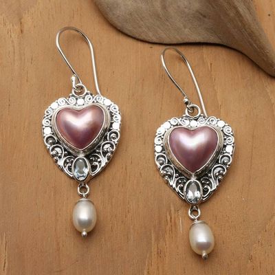 Primary image for Heart-Themed Cultured Pearls and Blue Topaz Dangle Earrings Loyal and In Love