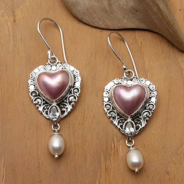 Alternate image for Heart-Themed Cultured Pearls and Blue Topaz Dangle Earrings Loyal and In Love