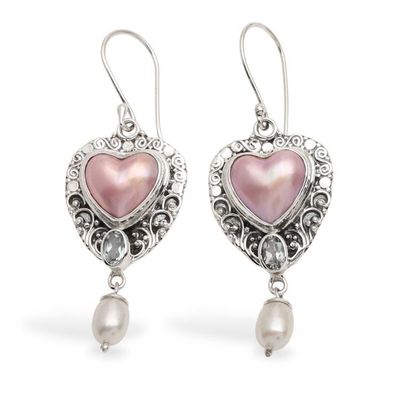 Alternate image for Heart-Themed Cultured Pearls and Blue Topaz Dangle Earrings Loyal and In Love