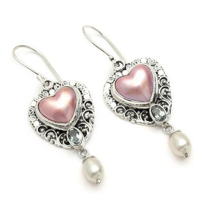 Alternate image for Heart-Themed Cultured Pearls and Blue Topaz Dangle Earrings Loyal and In Love
