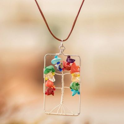 Alternate image for Rectangular Colorful Multi-Gemstone Tree Pendant Necklace Sylvan Rainbow