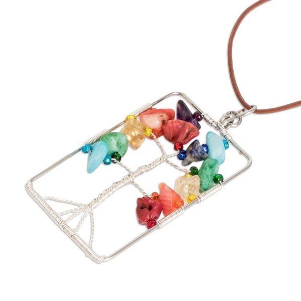 Alternate image for Rectangular Colorful Multi-Gemstone Tree Pendant Necklace Sylvan Rainbow