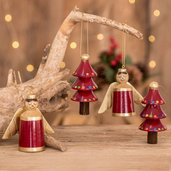 Alternate image for Red Gold Reclaimed Wood Angel and Tree Ornaments Set of 4 Gilded Christmas in Red