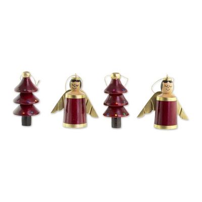 Alternate image for Red Gold Reclaimed Wood Angel and Tree Ornaments Set of 4 Gilded Christmas in Red