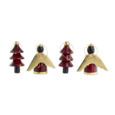 Alternate image for Red Gold Reclaimed Wood Angel and Tree Ornaments Set of 4 Gilded Christmas in Red