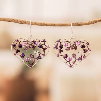 Alternate image for Heart-Shaped Purple Crystal and Glass Beaded Dangle Earrings Lavender Feelings