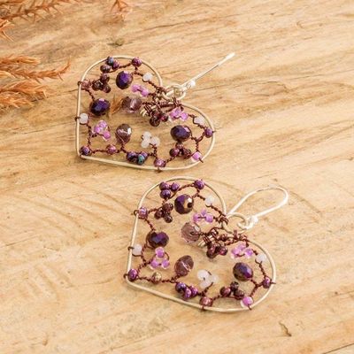 Alternate image for Heart-Shaped Purple Crystal and Glass Beaded Dangle Earrings Lavender Feelings